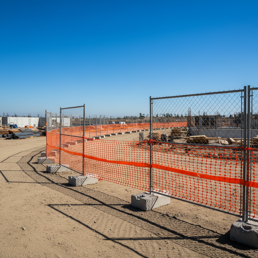 Professional grade temporary fencing creates a clear physical and legal boundary for vacant lots. Orange temporary construction fencing panels secured along a perimeter with chain link sections and concrete barriers.