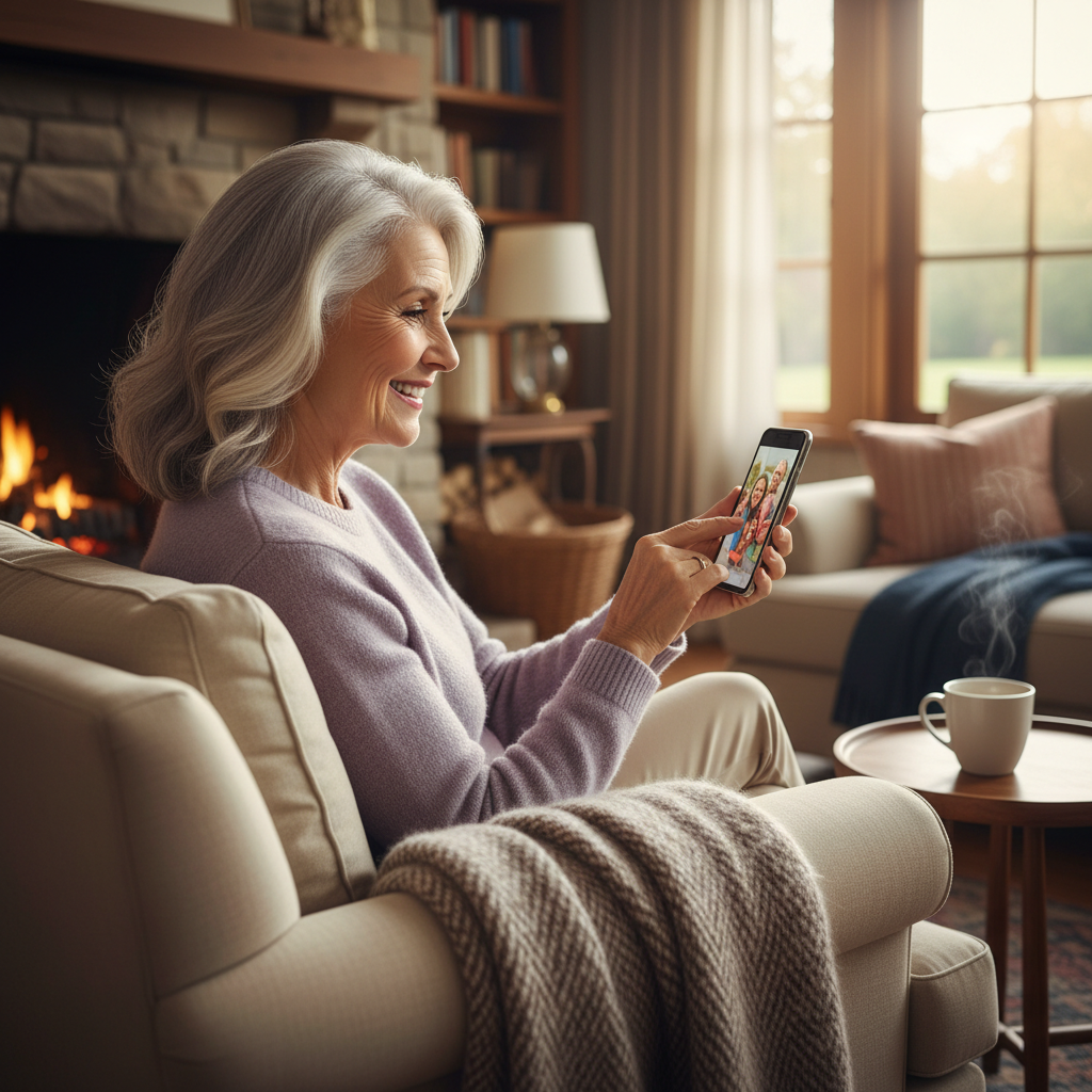 Personalize your texts with handwritten notes that show your unique signature style. A senior woman smiling warmly while using her smartphone in a comfortable indoor setting.