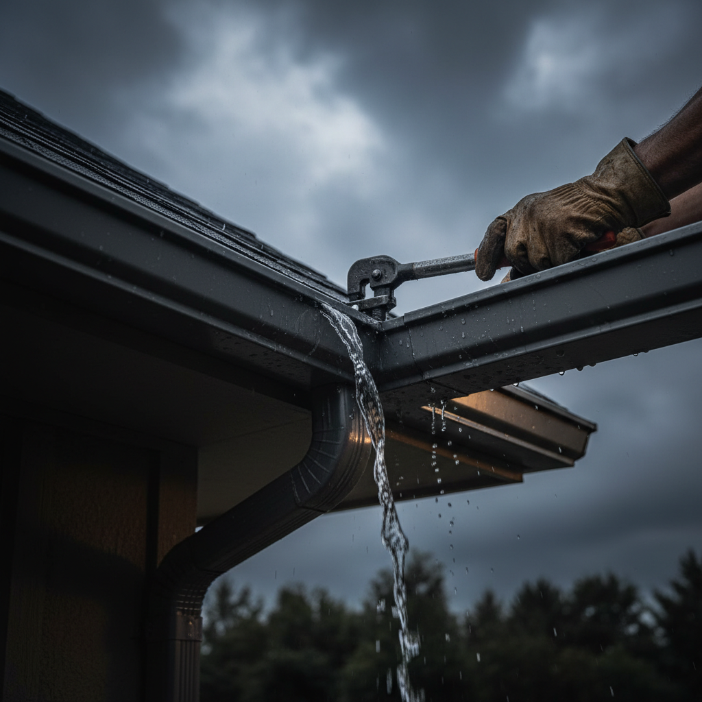 Your gutters often reveal the hidden health of your roof by catching shed granules. A close up of a metal gutter system during a rainstorm showing water management and structural integrity.