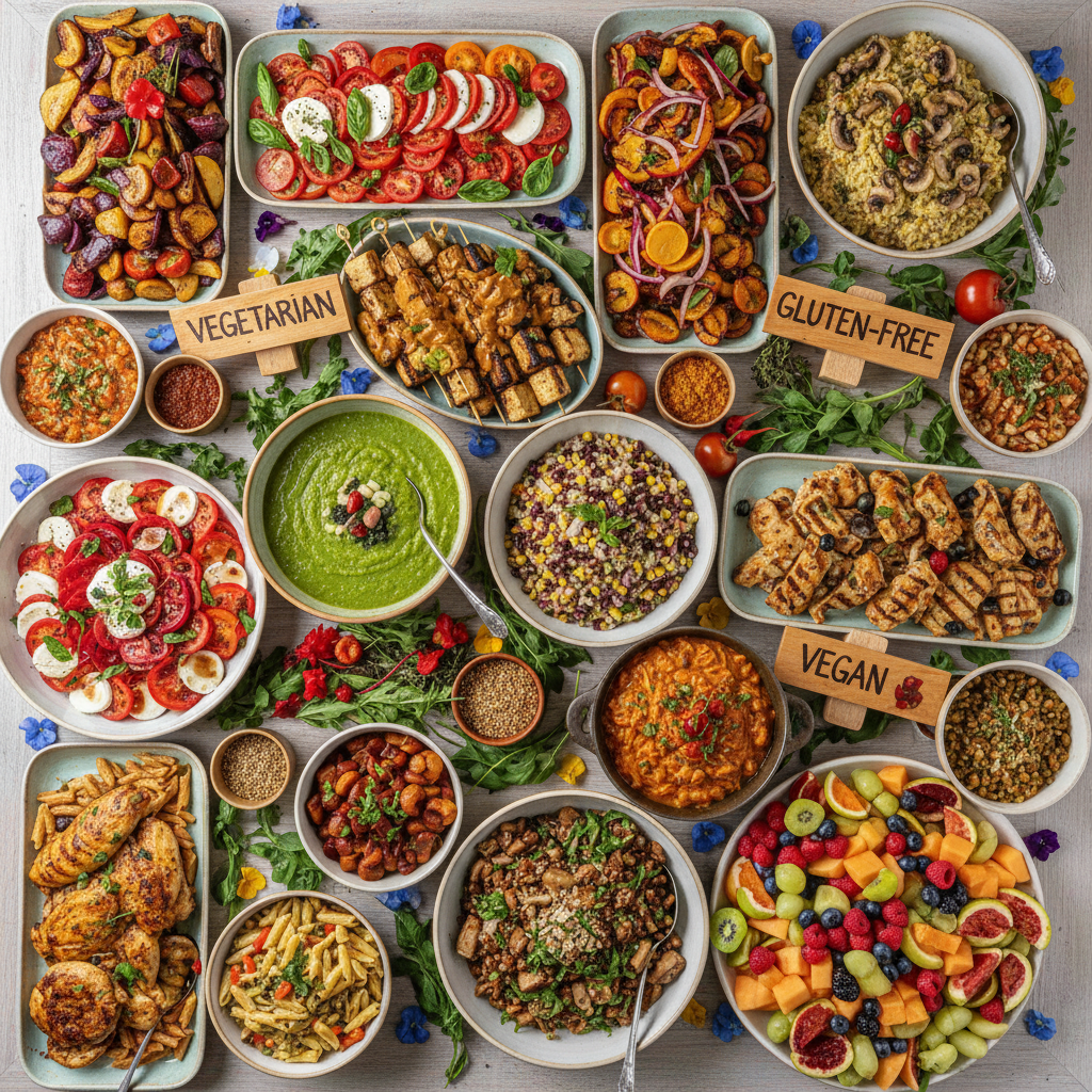 Clear labeling is essential for managing dietary requirements in a buffet setting. Abundant buffet spread with clear wooden labels for vegetarian, vegan, and gluten-free dishes.