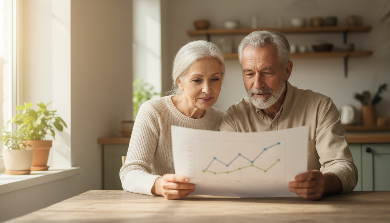 Planning for heirs involves comparing today's tax rates with the future rates your children might face. A mature couple at a kitchen table reviewing a financial chart together, discussing their retirement and legacy options.