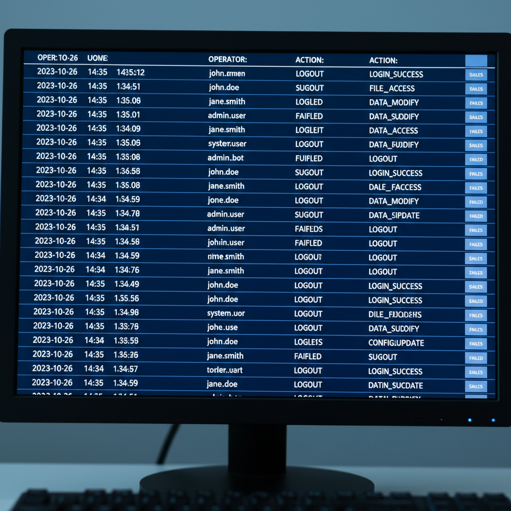 Detailed audit logs provide the necessary transparency for AI assisted regulatory decisions. Detailed audit log on a computer screen showing timestamped entries and user actions.