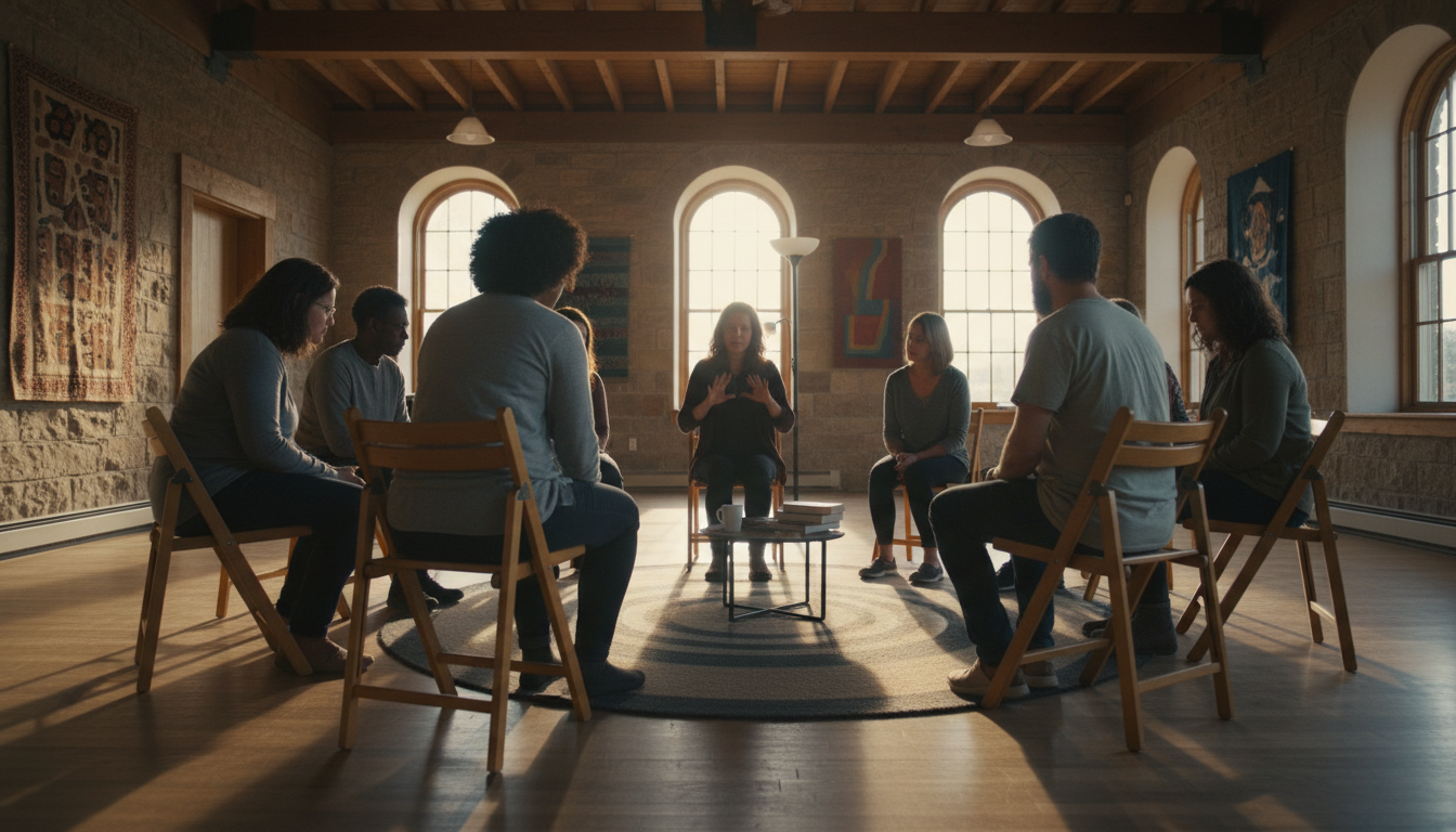 True inclusion starts with understanding the unique cultural identity and linguistic needs of the Deaf community. A diverse group of adults seated in a circle in a community hall with one person signing and others watching attentively.