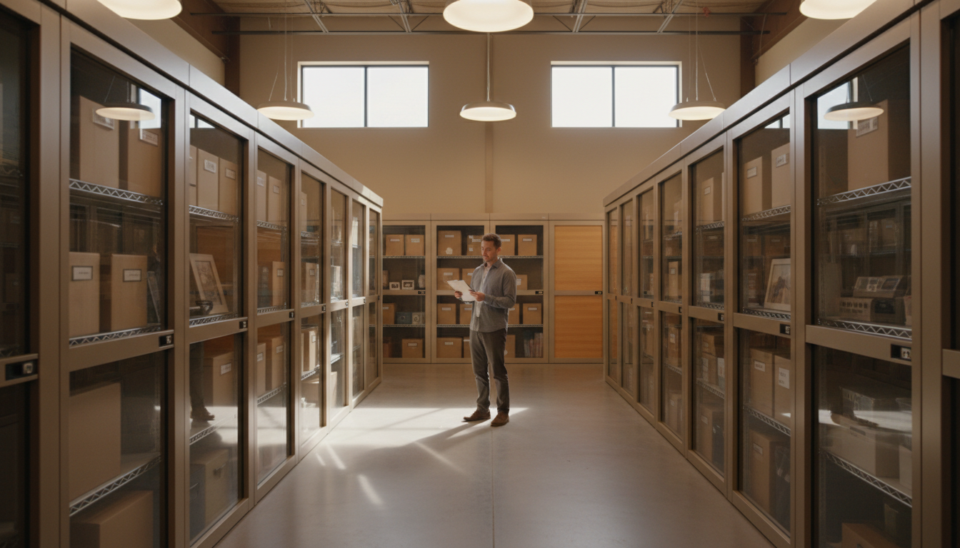 Keeping an inventory list helps you stay organized and monitor the condition of your items. A person standing in a clean storage aisle reviewing an inventory list on a clipboard.