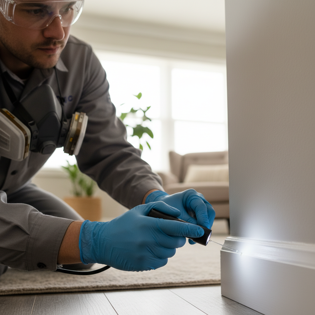 Precision application is essential for eliminating difficult pests that hide in deep crevices. Gloved hands of a technician applying a targeted pest treatment to a corner junction where the wall meets the baseboard.