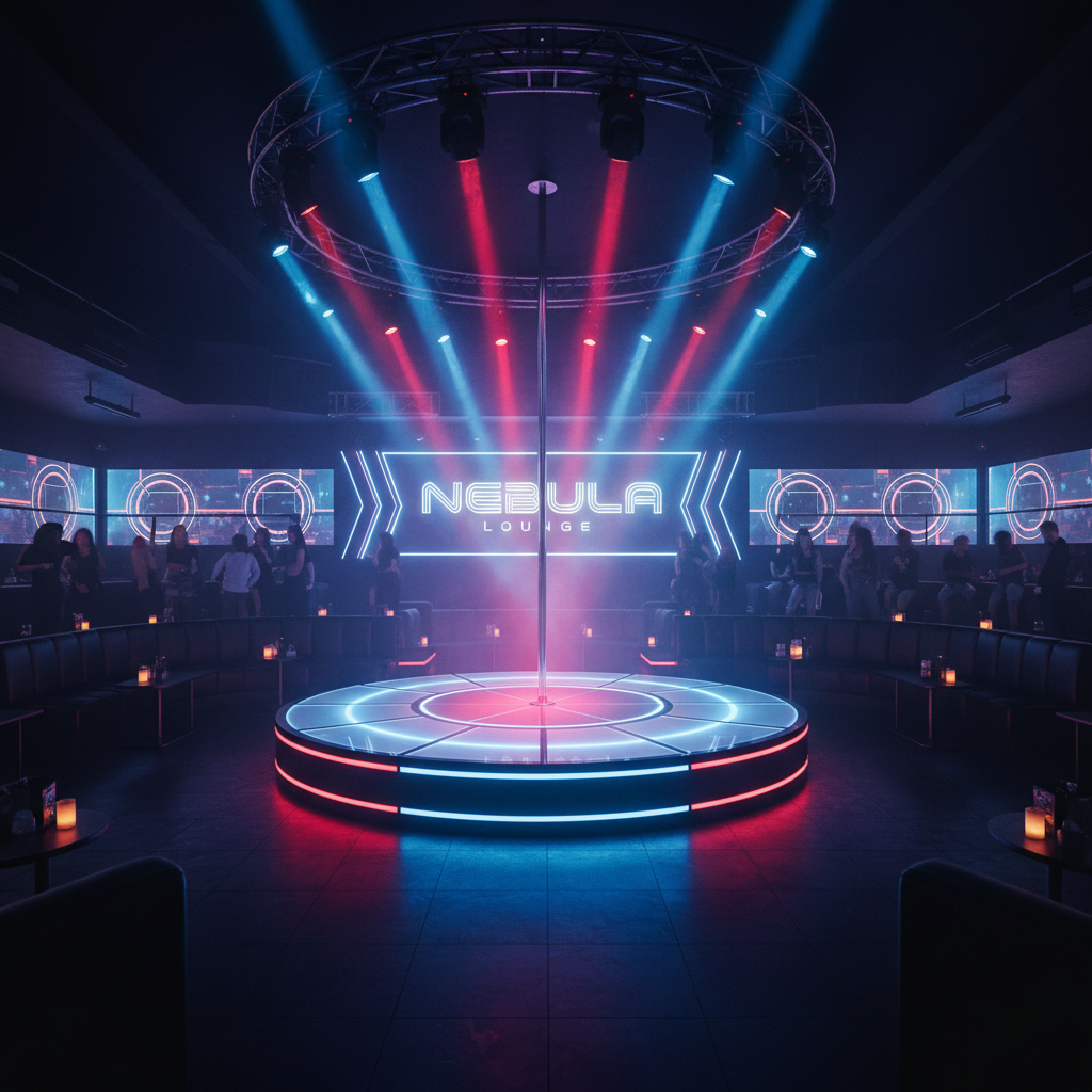 Eleganza e discrezione: i nostri strip club partner offrono un'esperienza premium senza eguali. Palco principale con pole e luci drammatiche in uno strip club moderno ed elegante a Barcellona