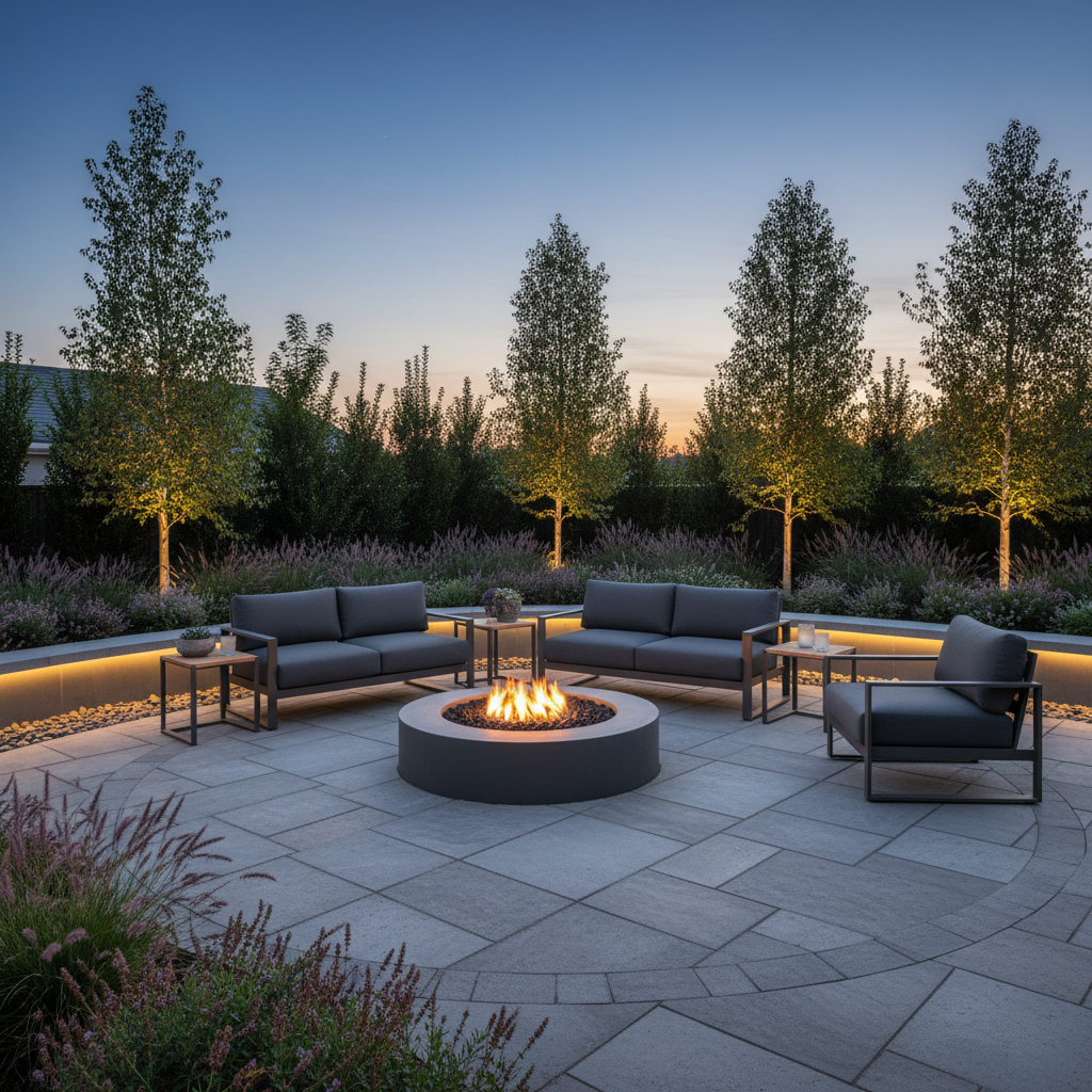 Strategic lighting transforms patios into functional outdoor living rooms for evening enjoyment. Modern paver patio with a fire pit and outdoor furniture in a Canton backyard landscape.