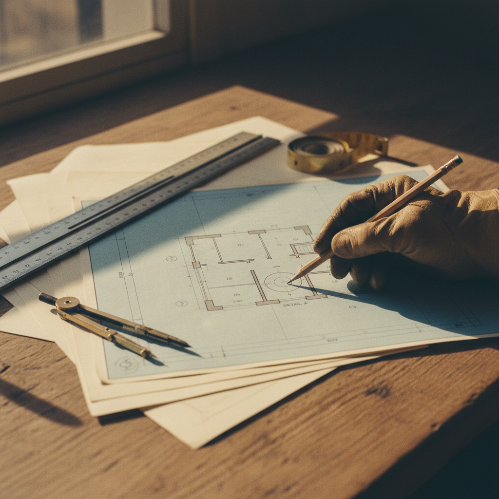 Careful planning is the first step in deciding between moving or building an addition. Close up shot of architectural blueprints and measuring tools on a wooden table for home addition planning.