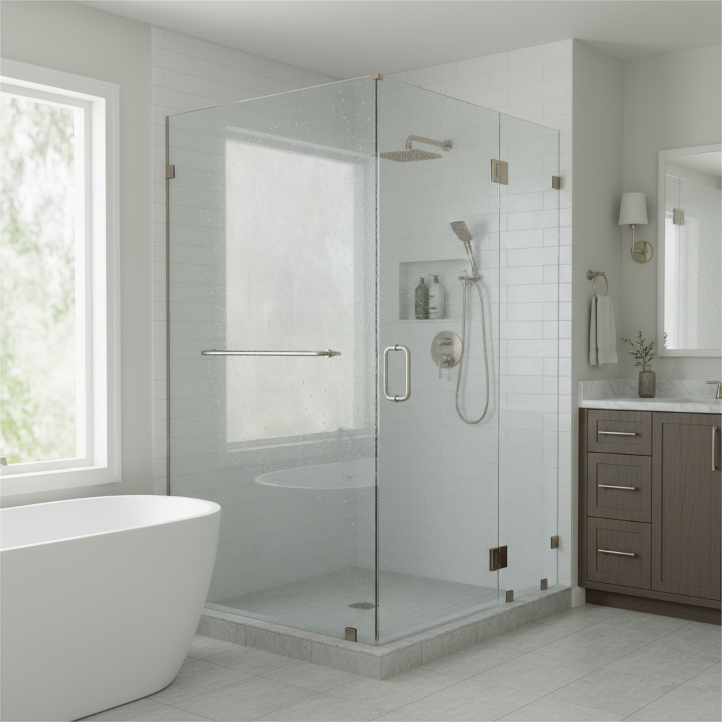 A curbless shower entry provides a seamless, trip-free transition into the bathing area. Frameless glass shower door with brushed nickel hardware and a low profile entry point.