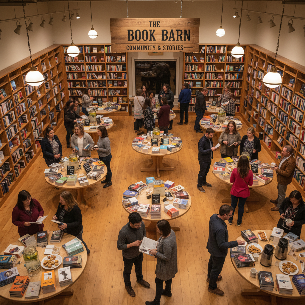 Bookstores serve as vital 'third places' where community members connect over shared stories. An overhead view of a bookstore event space filled with community members mingling before a book reading.