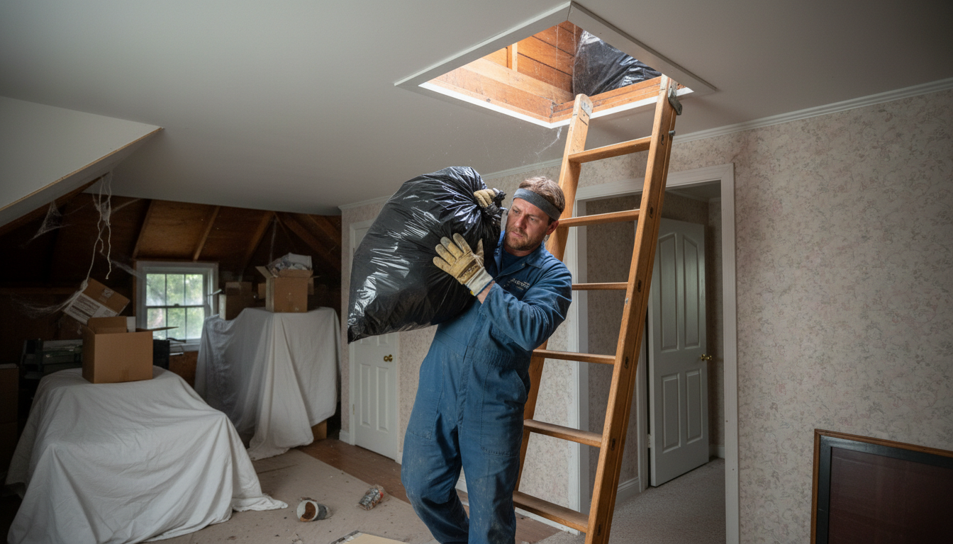 Preparing the space with rubbish removal is a key part of the Primeloft service. A professional carrying a heavy rubbish bag out of a loft space during a cleaning service.