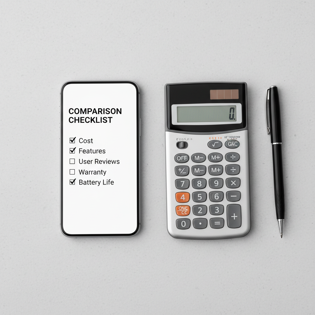 Comparing different providers helps you find the most favorable exchange quote. A smartphone showing a comparison checklist next to a calculator and a pen on a desk.