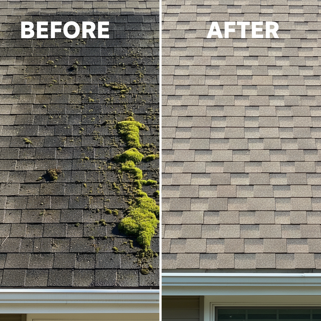 Soft washing safely removes black streaks from shingles without causing structural damage. Before and after comparison of a roof being cleaned with soft washing to remove black algae and moss.