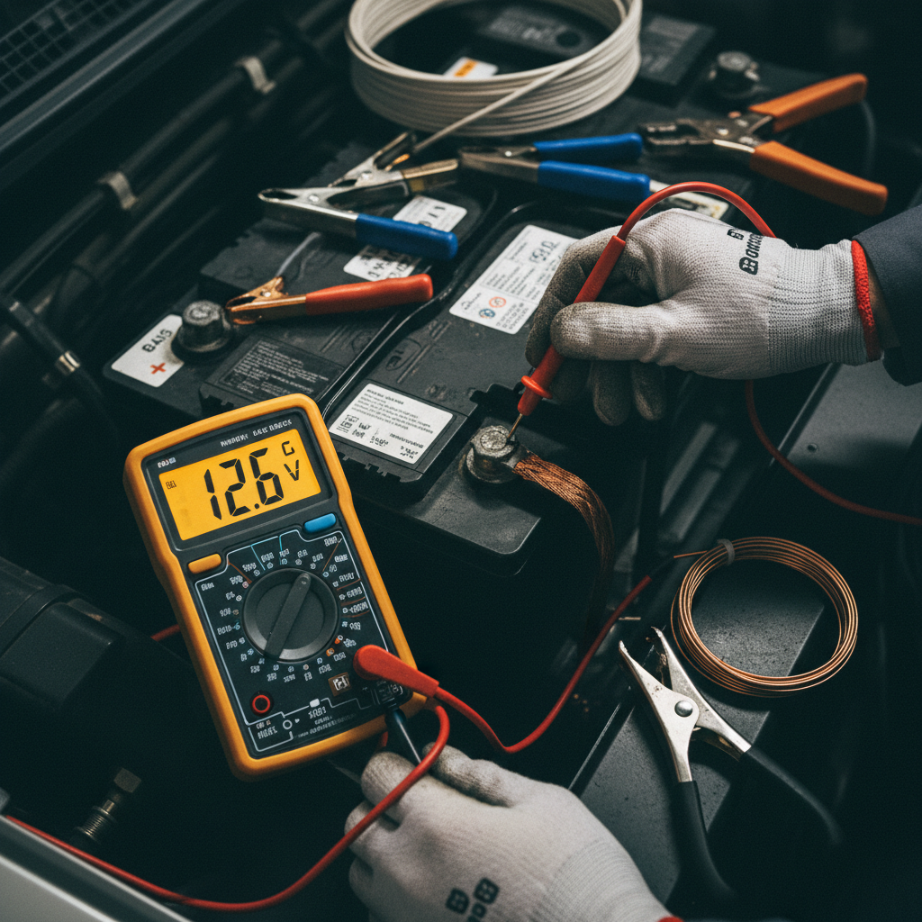 Professional diagnostic tools can identify a failing battery before it leaves you stranded in the cold. Close up view of a technician using a digital multimeter to test the electrical connections and voltage of a car battery.