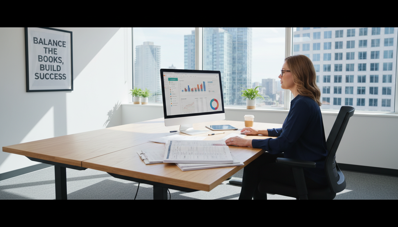 Choosing the right software is the first step in building a scalable bookkeeping framework. A bookkeeper working with accounting software and financial reports in a bright, modern office space.