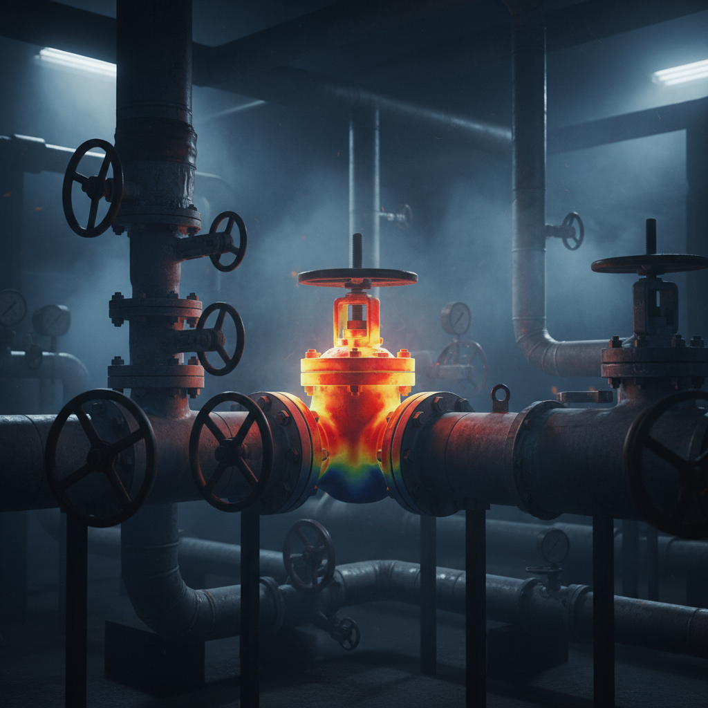 Enhancing the digital twin: Integrating radiometric thermal data for industrial asset management. Industrial pipe system with a 3D thermal model overlay showing blue to red temperature gradients.