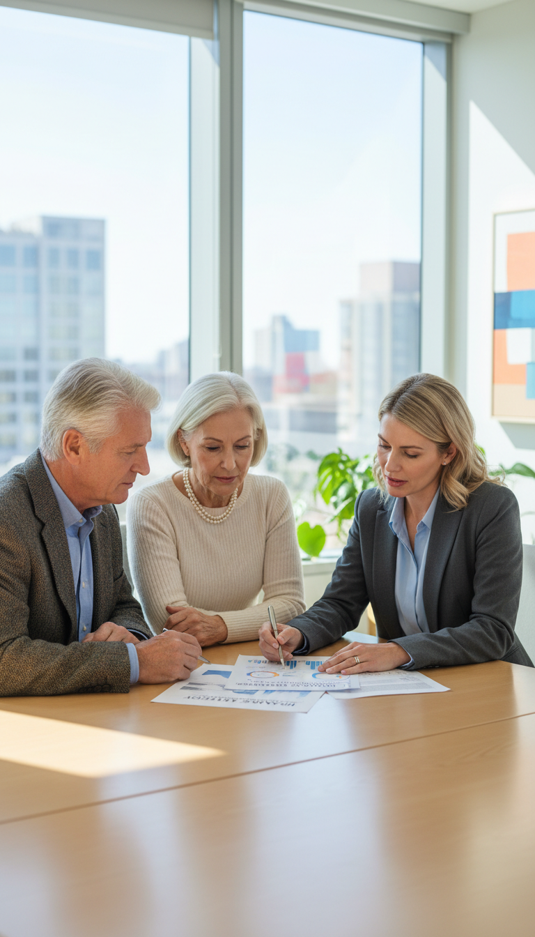 Proactive Roth conversions can reduce future RMDs and lower your long term IRMAA risk. A retired couple smiling while reviewing financial charts representing long term tax savings.