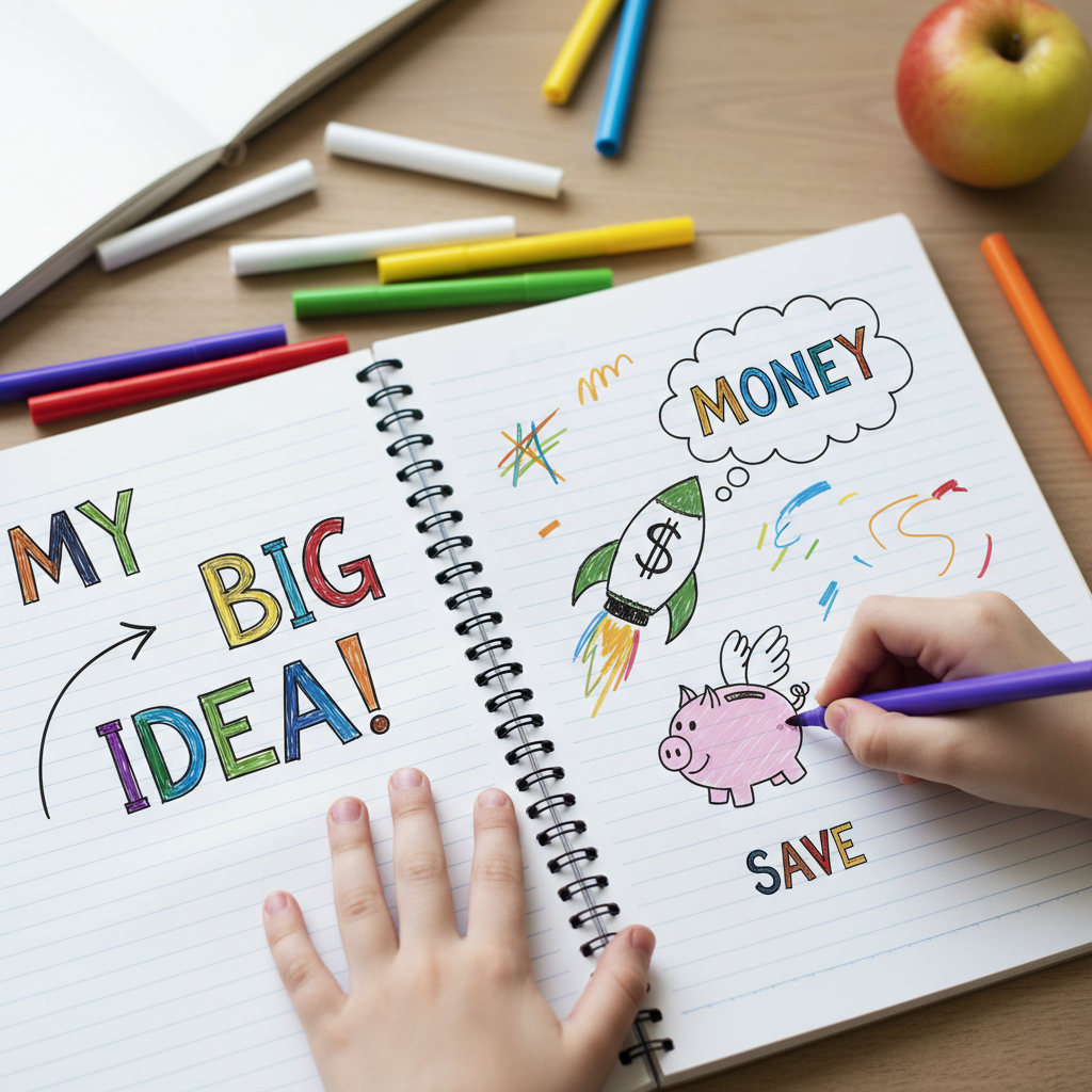 A autonomia começa no papel: transformar ideias em planos visíveis é o primeiro passo do jovem protagonista. Criança desenhando ideias de negócios em um caderno com canetinhas coloridas, focada na criação.