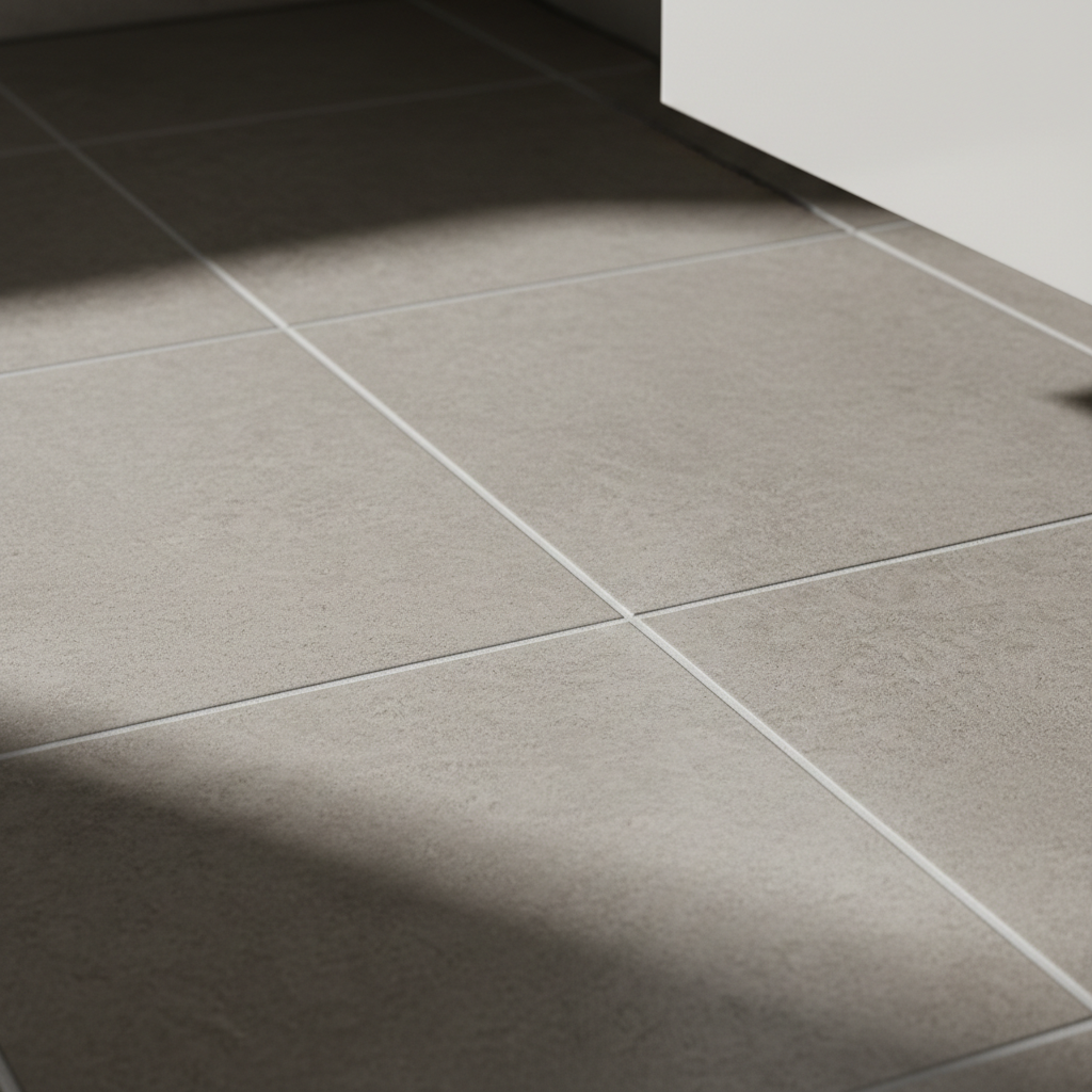 Precision tile installation ensures a moisture-resistant and aesthetically pleasing finish. Extreme close-up of perfectly aligned ceramic tile and clean grout lines in a bathroom.