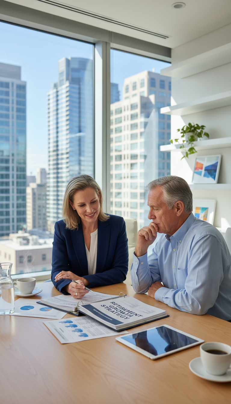 Personalized analysis helps Gilbert residents prepare for market volatility with confidence and clarity. A financial advisor reviewing a comprehensive retirement plan with a client in a bright, modern Gilbert office.