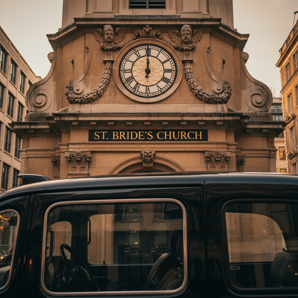 London's architectural history takes on a special glow during the winter months. A close up view of a historic London church tower seen through the window of a taxi.