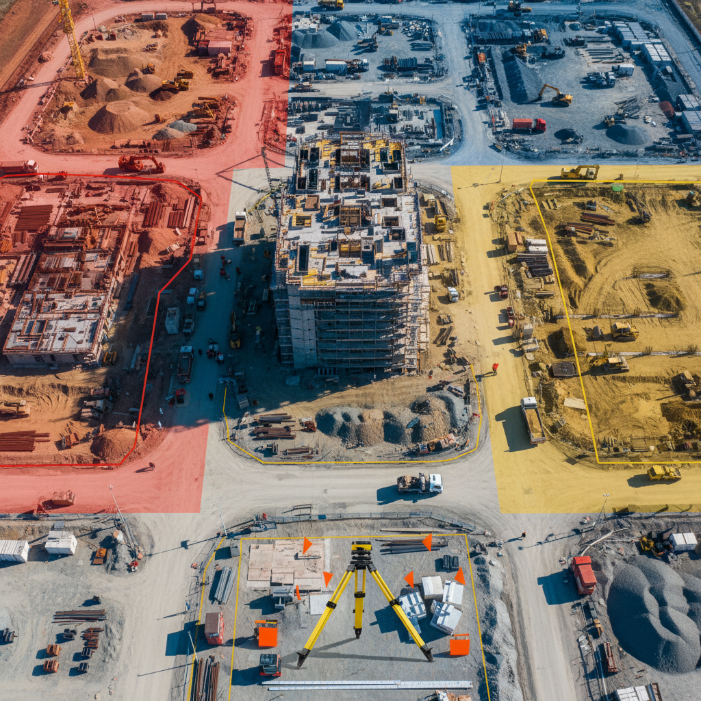 Drone RTK surveys produce BIM-compatible 3D models and point clouds ready for Esri and Autodesk workflows. 3D drone mapping model of a construction site displaying detailed terrain data and building progress visualization