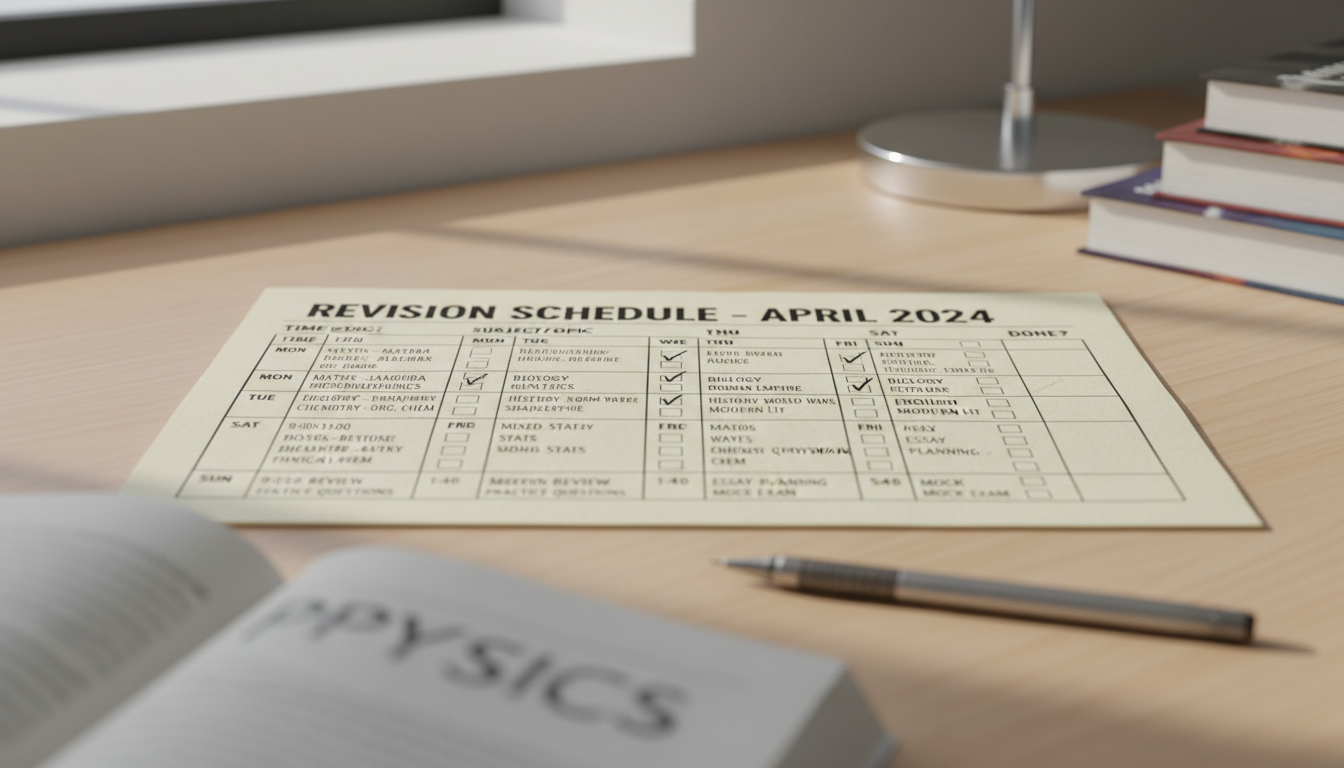 Careful planning of deadlines and exam dates is essential for private candidates. A detailed revision timetable with checkboxes and exam dates on a student desk.