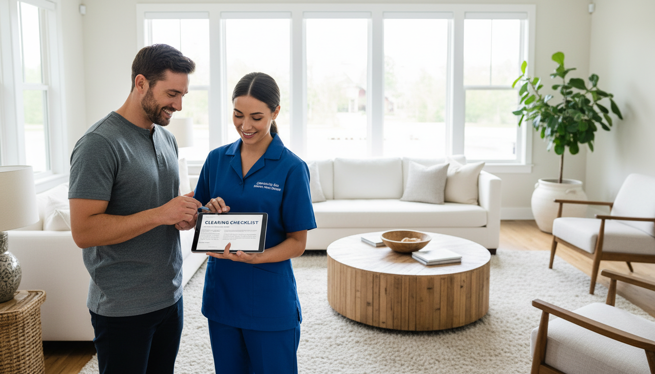 Consulting with a professional helps determine the perfect cleaning frequency for your home. A professional cleaner in Kingston PA reviewing a customized cleaning checklist with a homeowner in a bright room.
