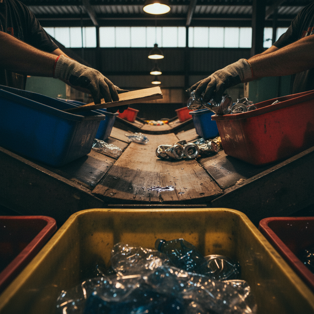 Proper sorting starts at home to ensure materials can be successfully repurposed. Close up of hands carefully sorting plastic and cardboard materials at a processing station.
