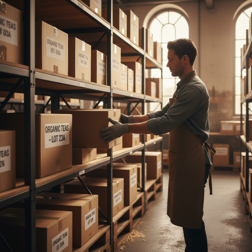 Careful inventory handling prevents damage and ensures every component is exactly where it belongs. Warehouse staff member carefully placing a labeled box onto an organized metal shelving unit.