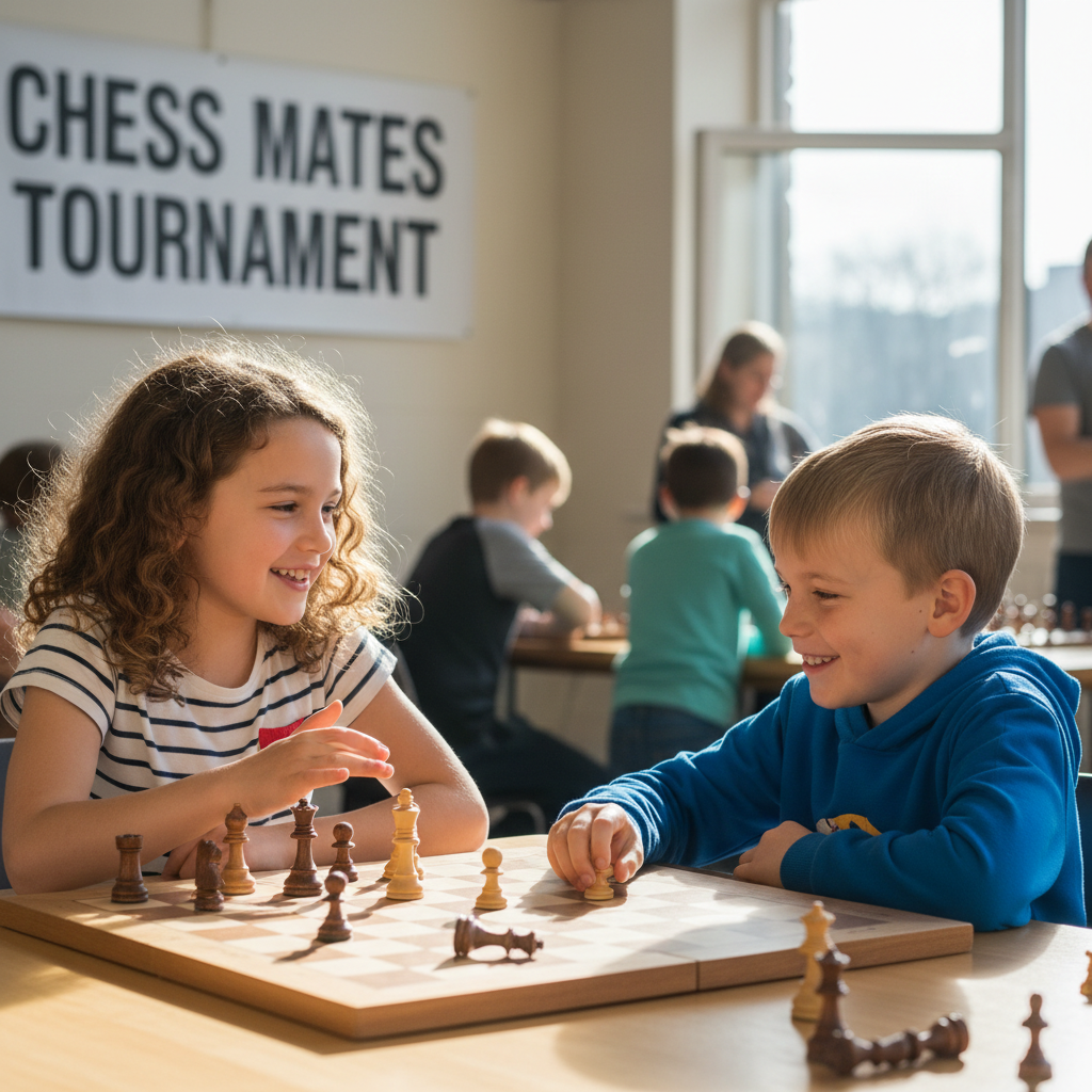Community support at Kingston Junior Chess ensures that losing never feels lonely. A child smiling and chatting with their opponent after a chess game ends at the club.