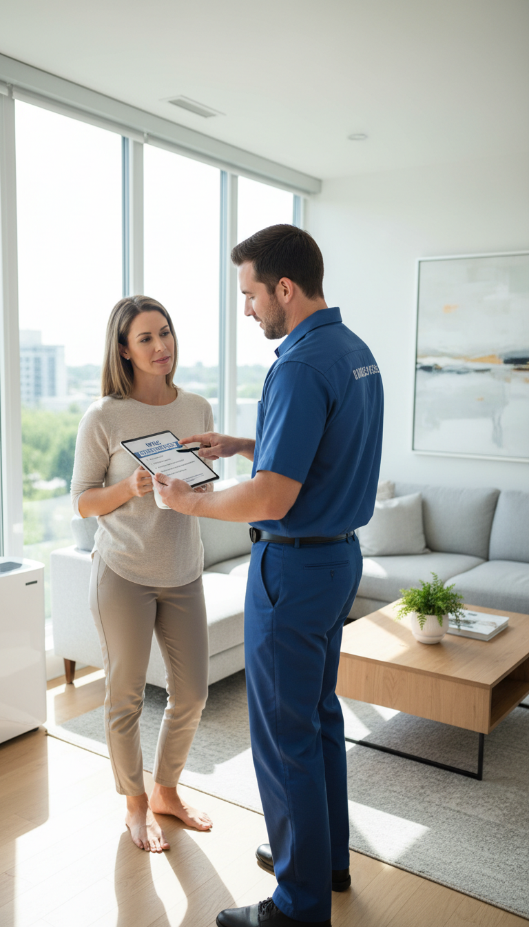We walk you through the math so you can make an informed decision without pressure. HVAC technician sitting with a homeowner in a bright living room explaining a maintenance and repair checklist.