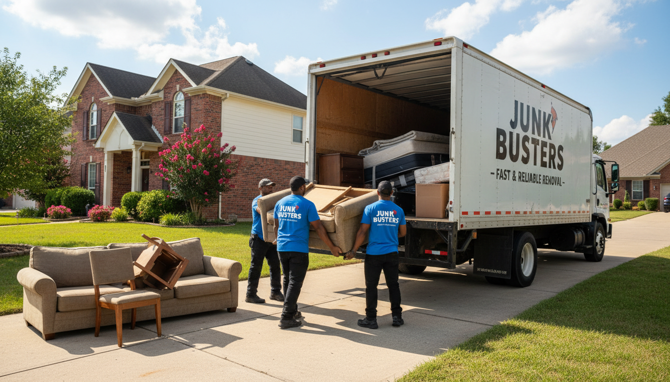 Professional junk removal saves you the physical labor of hauling heavy furniture to a curb or dumpster. A junk removal team working together to load large furniture items into a truck in a residential driveway.