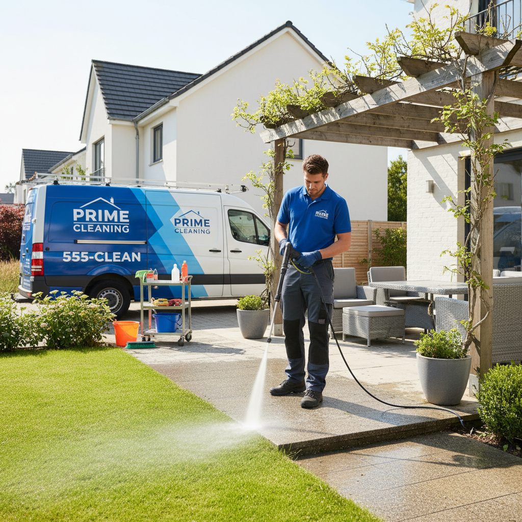 Consistent maintenance is key to keeping Frisco's luxury apartment communities pet-friendly and clean. A cleaning service worker with professional supplies maintaining an outdoor residential common area.