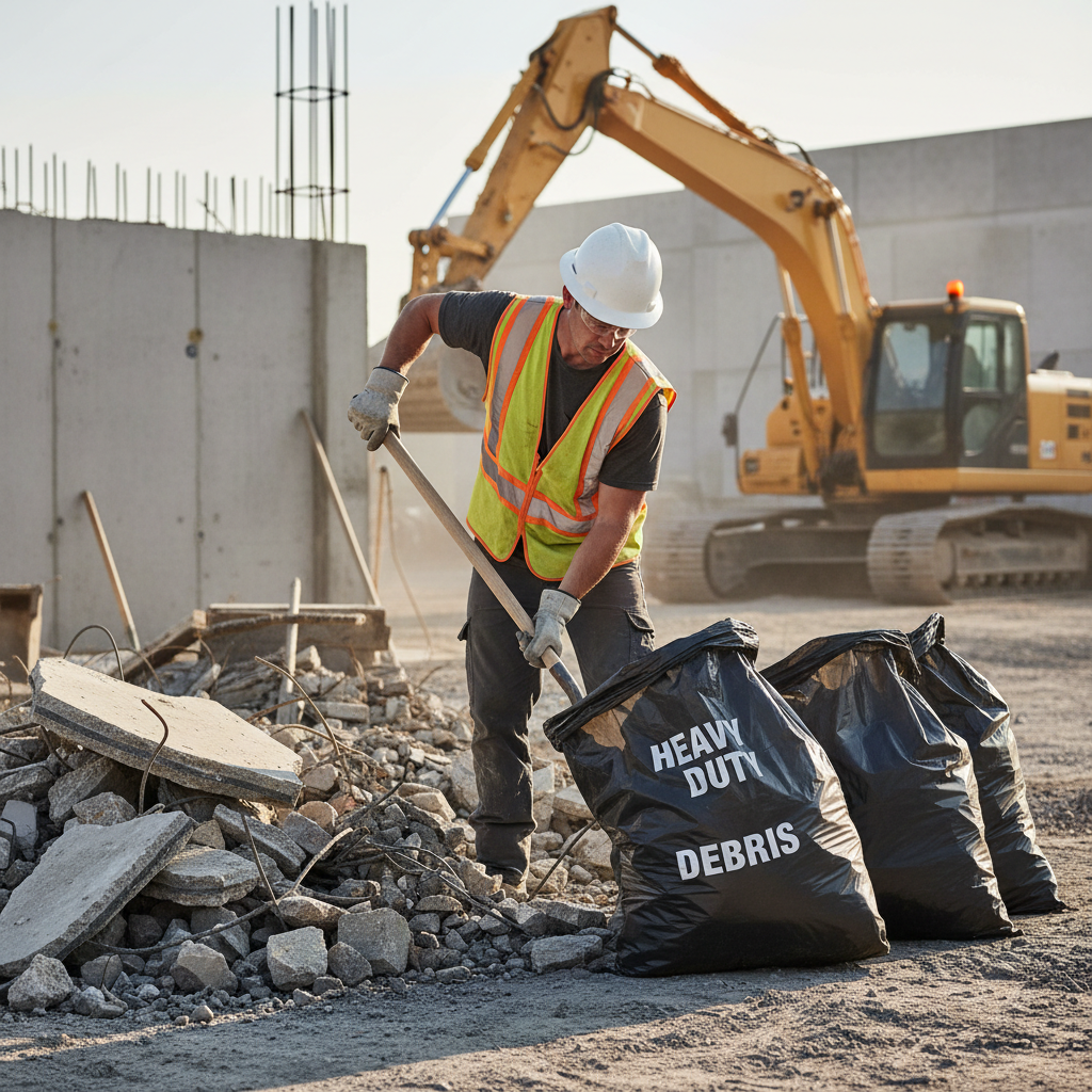 Phase one involves the critical removal of all construction debris and larger waste materials. A worker collecting heavy construction debris into industrial trash bags on a Houston job site.