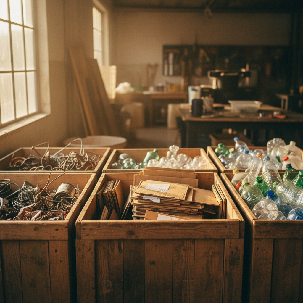 Breaking down a mattress allows for the recovery of valuable steel and foam components. Sorted recyclable materials including metal scraps and cardboard organized in separate bins.