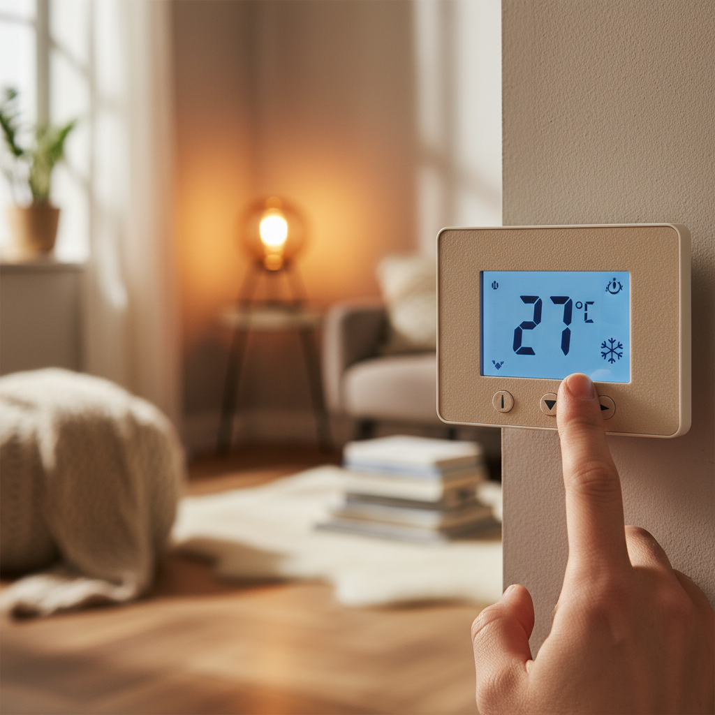 Setting your airco to a consistent temperature is key to saving on energy costs. A hand adjusting a smart thermostat set to 21 degrees Celsius with the heating mode active.