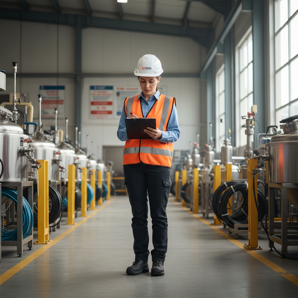 Routine inspections are the first line of defense against workplace forklift accidents. Safety consultant reviewing a clipboard checklist while standing next to industrial equipment.