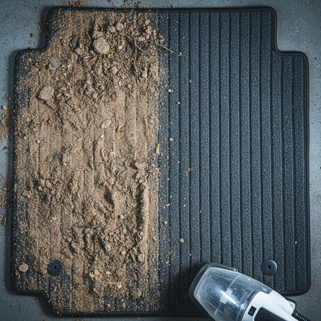 Deep cleaning carpets and upholstery is a key factor in interior detailing costs. Before and after comparison of a car floor mat showing heavy mud removal and deep cleaning results.
