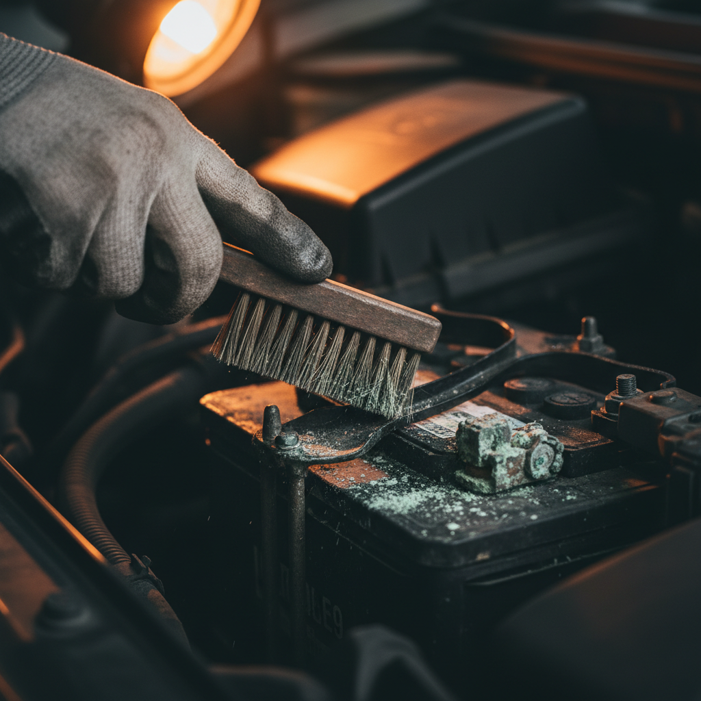 Removing corrosion from battery terminals ensures a strong connection for cold morning starts. A technician cleaning a car battery terminal with a wire brush to remove corrosion.