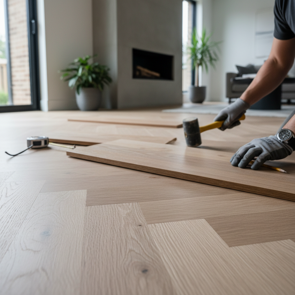Choosing durable, high-performance materials is essential for the Las Vegas environment. Installation of durable wood flooring that complements modern 2026 kitchen materials.