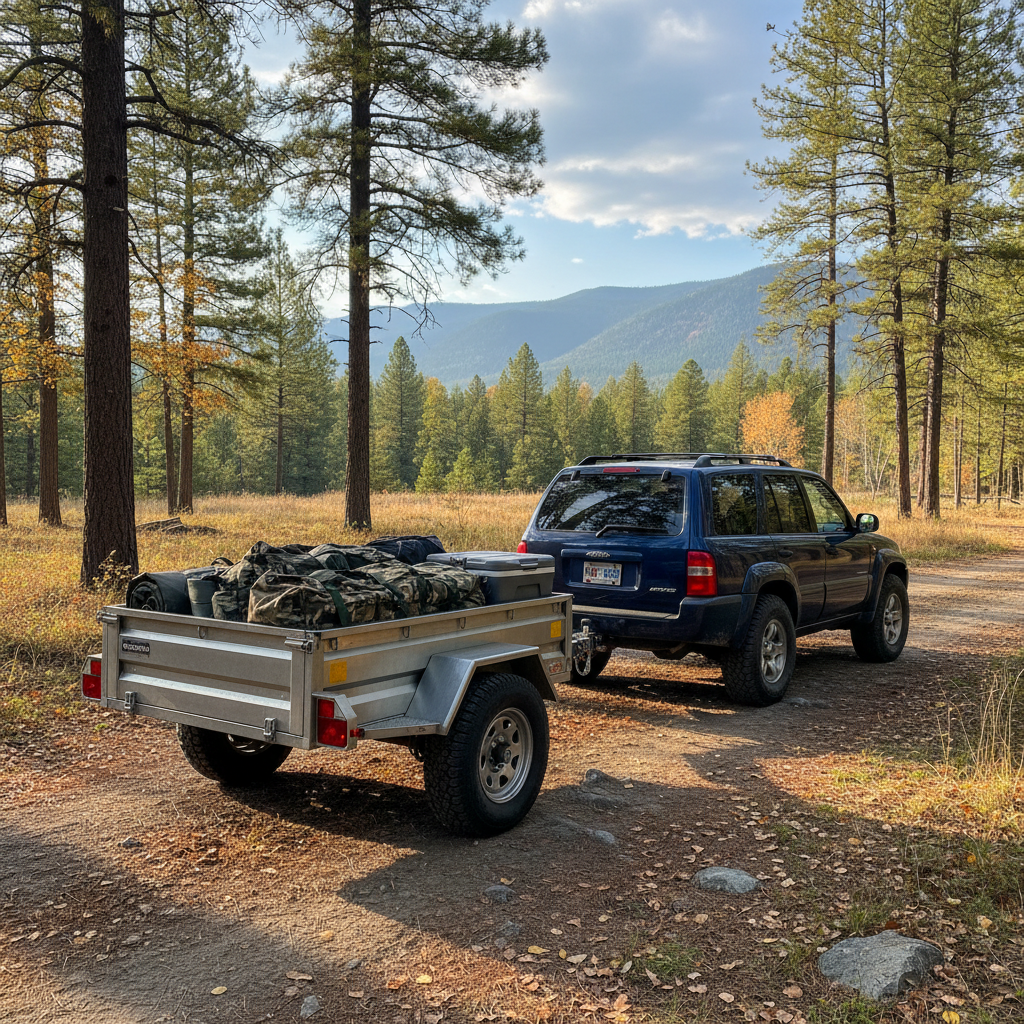 We provide trailer rentals to help you get your equipment safely to the trailhead. A utility trailer attached to a vehicle, ready for transporting off-road equipment.
