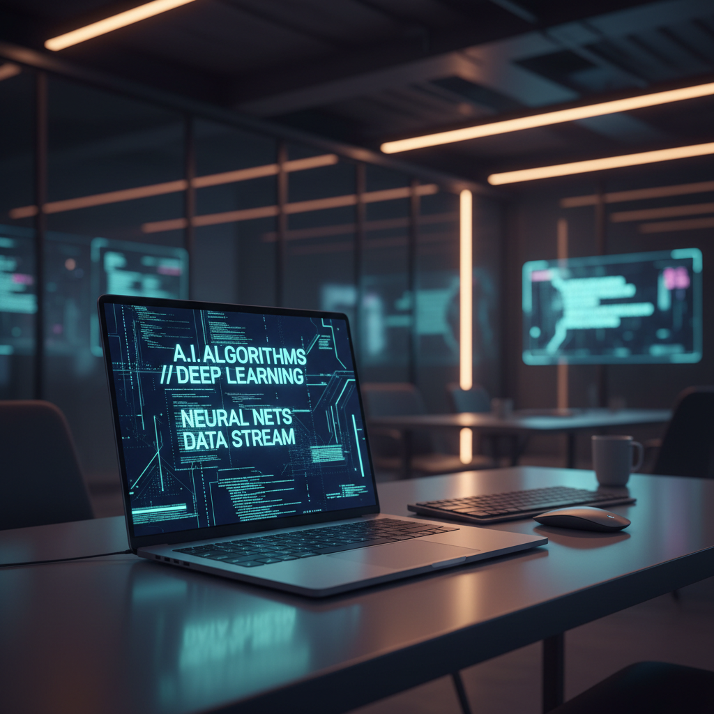 AI tools can drastically reduce the time it takes to move from idea to finished product. Artificial intelligence code and design elements displayed on a laptop screen in a modern office.