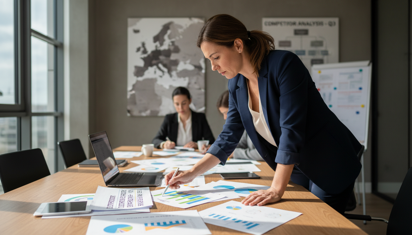 A unified workflow ensures that financial data remains accurate from translation through to the final publication layout. A professional woman reviewing market analysis charts and distributor profiles in a modern office in Spain.