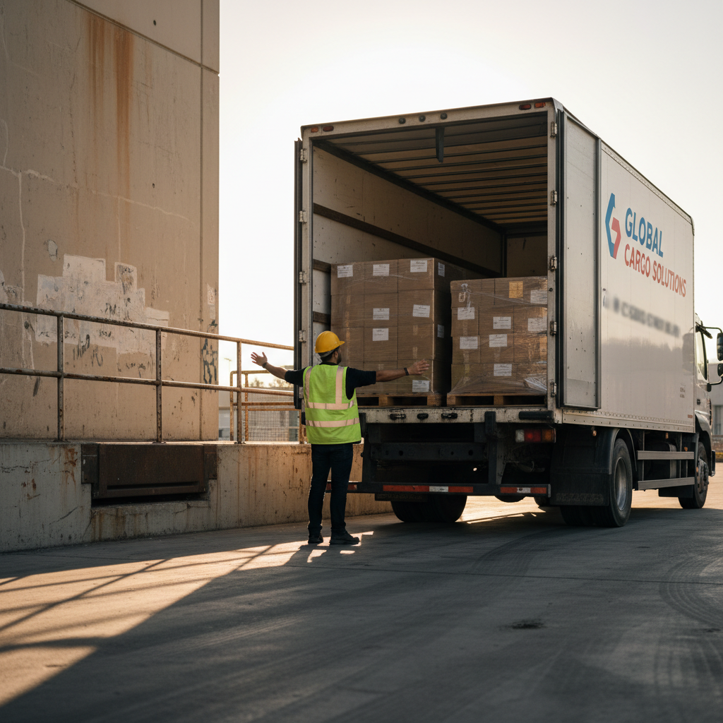 Coordinating LTL shipments at the dock can significantly reduce per-unit freight costs. A worker in a safety vest guiding a white delivery truck into a warehouse loading dock during a sunny day.
