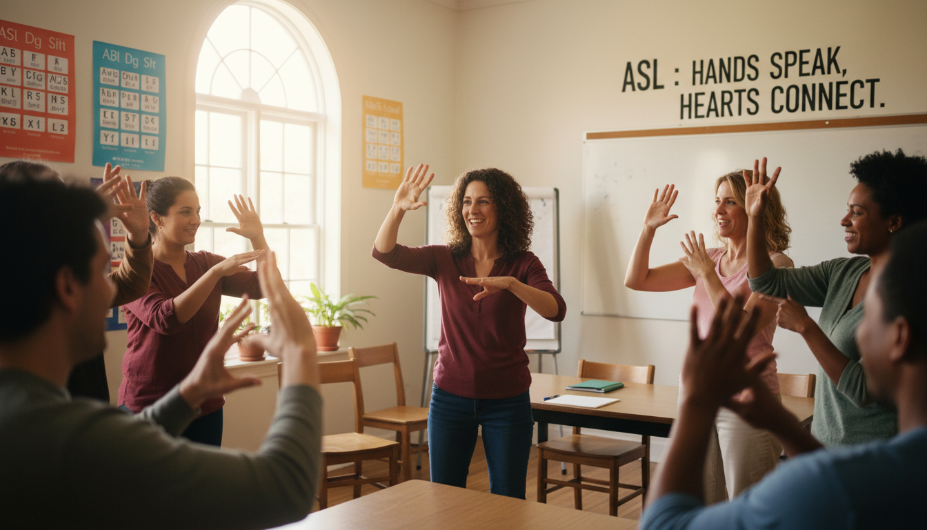 ASL offers unique cognitive benefits and fosters an inclusive mindset in young learners. A diverse group of students and a teacher enthusiastically practicing American Sign Language in a bright classroom.