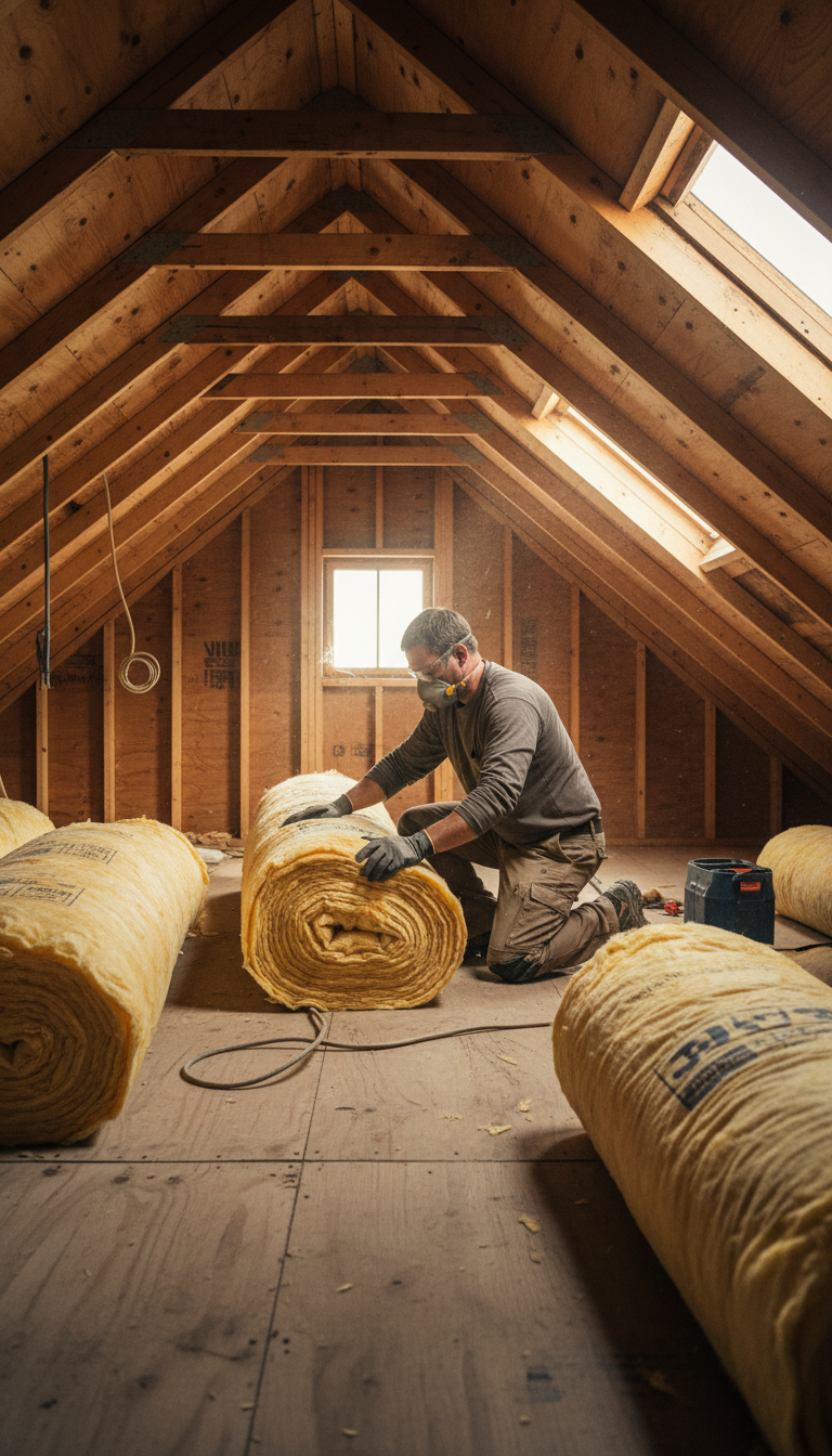 Compromising on boarding height can squash your insulation and increase heating costs. A worker laying mineral wool insulation rolls between roof joists in a residential attic.