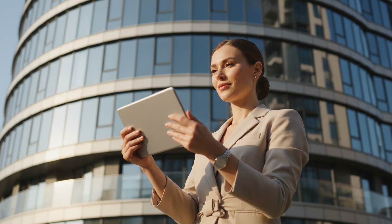 Professional guidance is essential when navigating the legal complexities of international real estate transactions. A real estate professional reviewing global property listings on a tablet in front of a modern glass building.