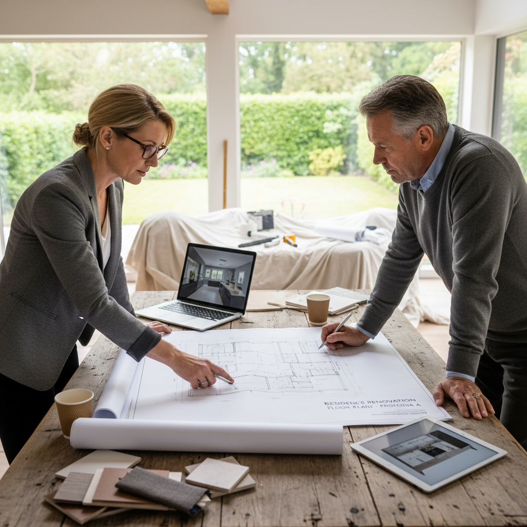Careful planning is the first step in deciding between an ADU or a home addition. A general contractor and homeowner reviewing blueprints for a new in-law suite addition in Fort Worth.