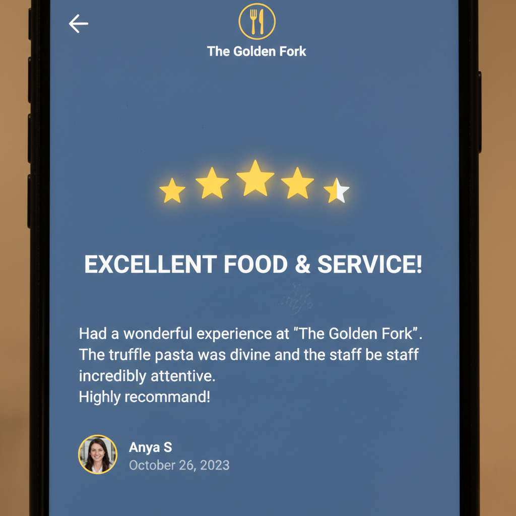 High star ratings combined with descriptive text are powerful local SEO signals. A smartphone displaying a five star rating and detailed customer review for a local restaurant.